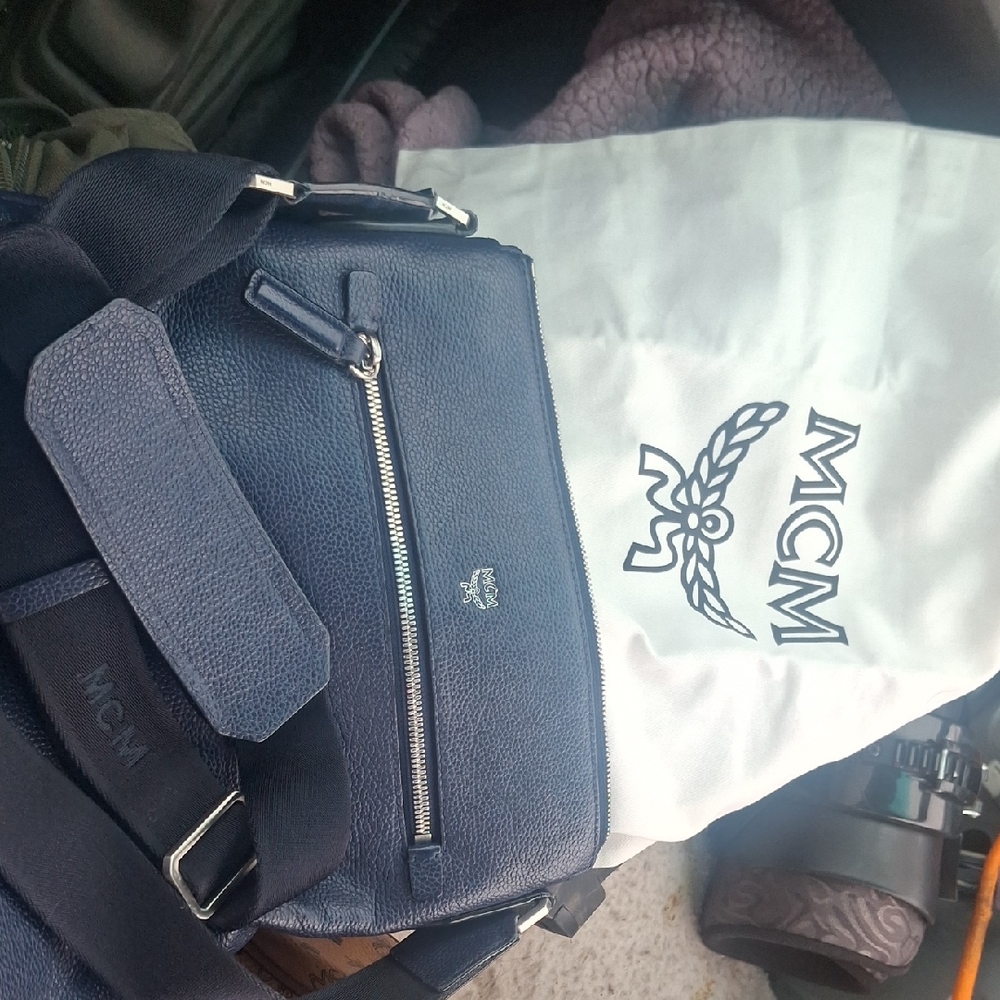 MCM Navy Leather Messenger Bag